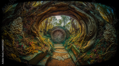 Magic teleport portal in mystic fairy tale forest photo