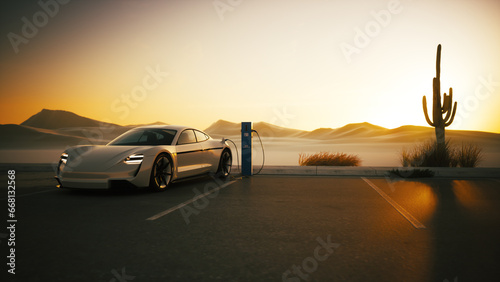 Concept of charging of electric car. Electric car charging. Plugging electric car from charging station. 3d illustration photo