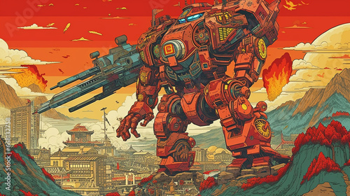 robot cyborg soldier to a world where tradition meets technology with a vintage travel poster