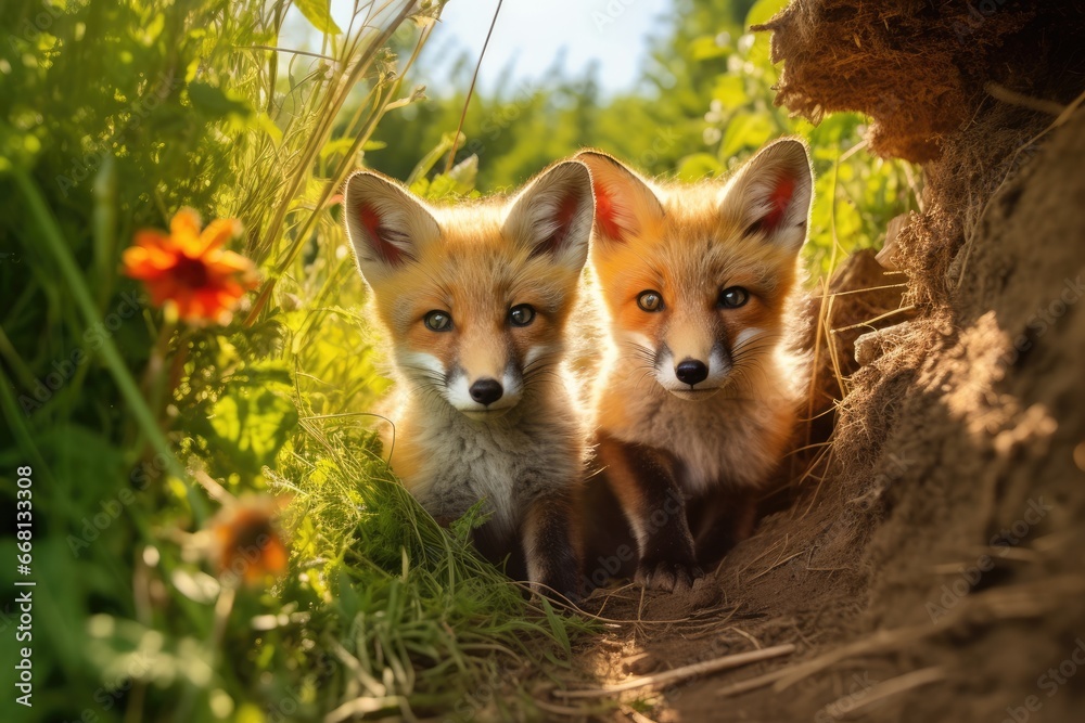 Fototapeta premium Two red fox, cubs looking around near den on a sunny day in summer. Generative AI