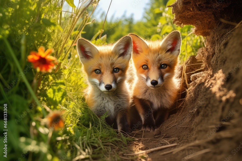 Two red fox, cubs looking around near den on a sunny day in summer. Generative AI