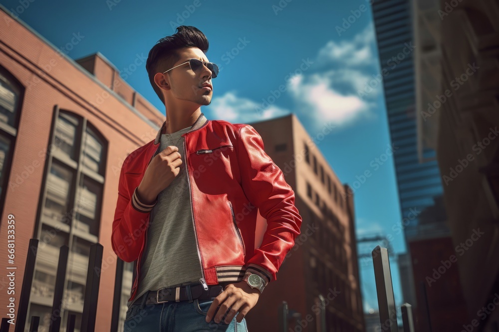 Latino male fashion street photo. City urban outdoor travel adult. Generate Ai Latino male fashion street photo. City urban outdoor travel adult. Generate Ai