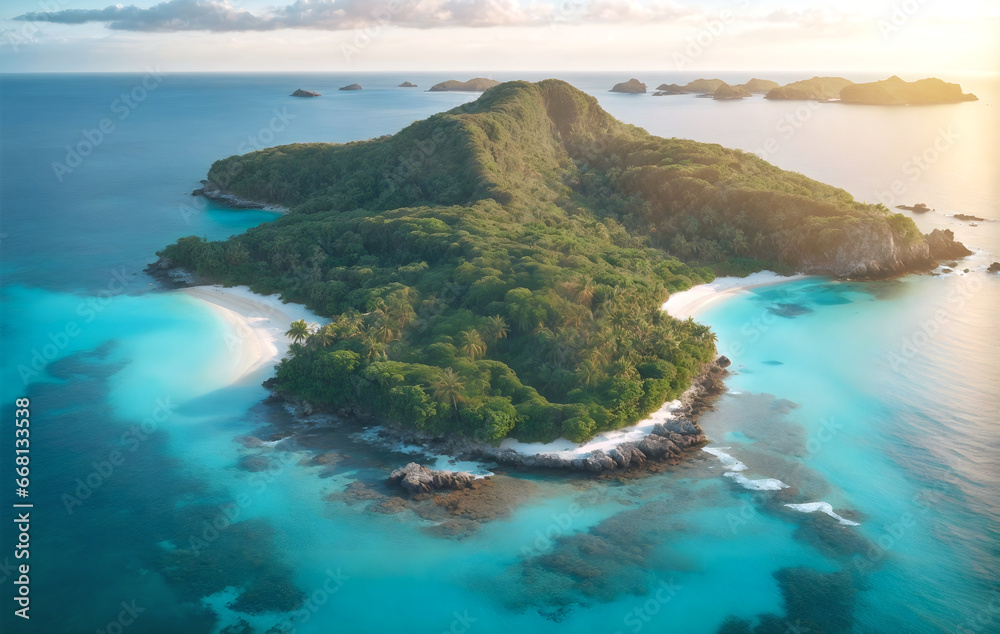 Fototapeta premium Aerial view of a beautiful tropical island at sunset.