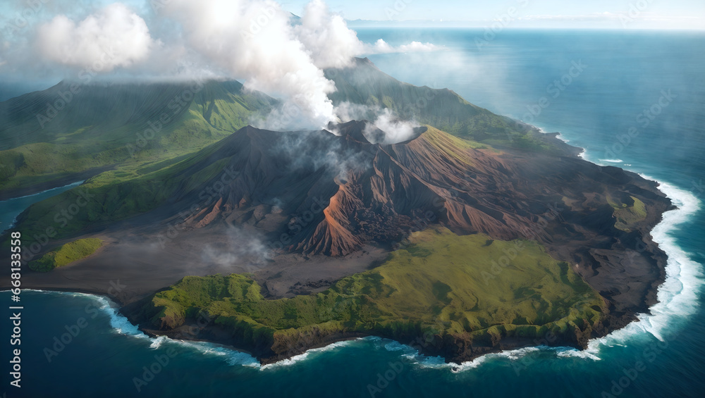 Aerial view of a volcanic mountain on an island.