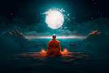 rear view buddhist monk meditating on the mountain with moon and clouds in the background
