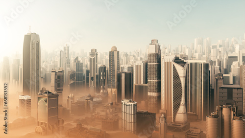 Modern metropolis with skyscrapers at sunset. City in a sandstorm. 3d illustration