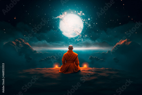 rear view buddhist monk meditating on the mountain with moon and clouds in the background