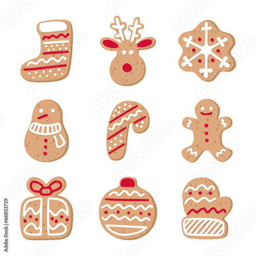 Gingerbread Christmas cookies collection. Flat cartoon style.
