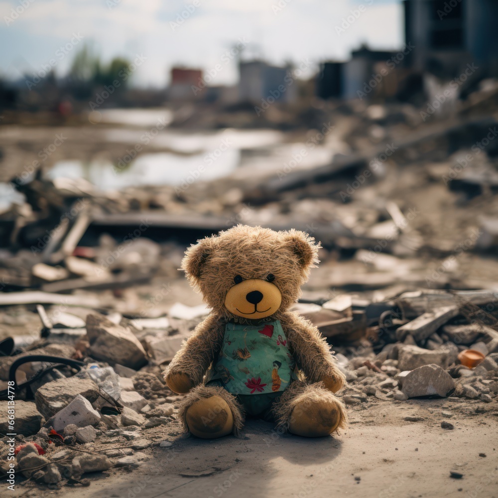 A dirty left alone teddy bear in the middle of through war. Destroyed city building ruins. Dark sad background A dirty left alone teddy bear in the middle of through war. Destroyed city building ruins. Dark sad background
