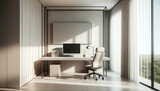 Oficina moderna minimalista con amplias vistas y diseño limpio