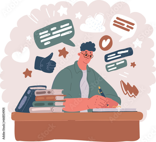 Vector illustration of man student study online with skype teacher, happy young woman learn language listen lecture watch webinar write notes look at laptop sit in cafe, distant education