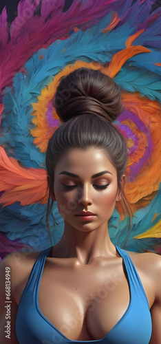 Illustration of a beautiful woman with multicolored feathers in her hair