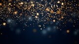 Holiday themed abstract background with Dark blue and gold particle. Christmas Golden shiny particles bokeh on navy blue background. Holiday concept.