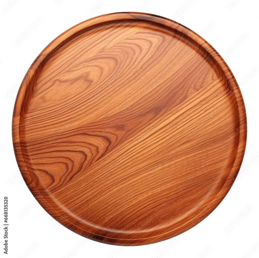 Circle wooden tray top view isolated. - obrazy, fototapety, plakaty 
