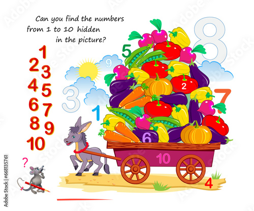 Logic puzzle game. Math education for young children. Can you find the numbers from 1 to 10 hidden in the picture? Developing counting skills. IQ test. Play online. Printable worksheet for kids.