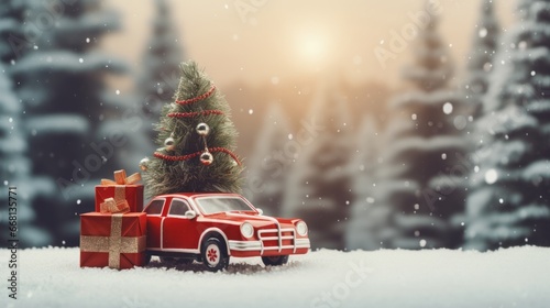 Christmas New Year card. Creative design with a toy car. A small retro vintage red car with gift boxes and fir tree in the middle of a winter forest during a snowfall. Generative AI. Side view.