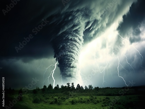 Dangerous tornado with lightning strikes in Tornado Alley