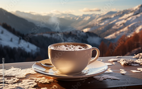 filiżanka kawy na tarasie widokowym z widokiem na panoramę gór w słoneczny zimowy dzień. photo