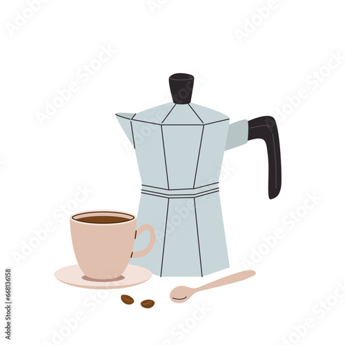 Geyser coffee maker and cup vector illustration. Hot drink on white background