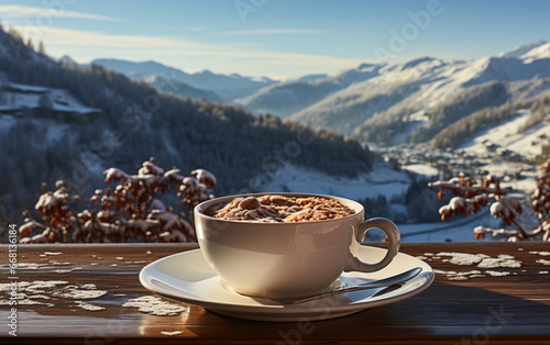 filiżanka kawy na tarasie widokowym z widokiem na panoramę gór w słoneczny zimowy dzień.
