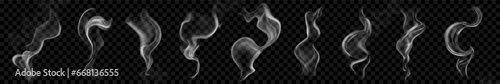 Set of several realistic transparent gray smokes or steam. For use on dark background. Transparency only in vector format
