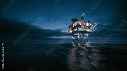 Oil rig platform at the sea. Oil rig at night. Offshore drilling rig and oil platform in the ocean. Offshore oil and gas production platform at night. 3d illustration photo