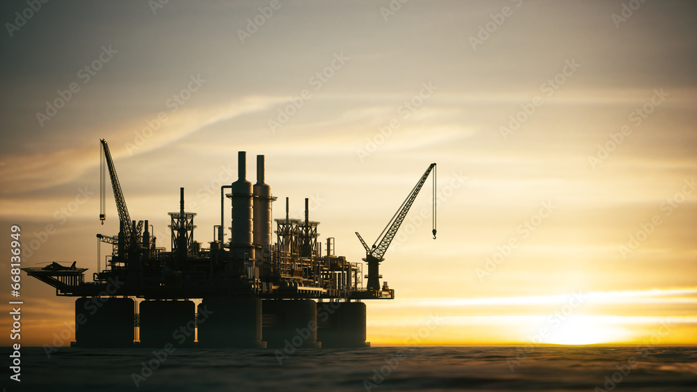 Offshore oil platform in the ocean at sunset. Offshore jack up drilling rig in ocean. 3d illustration