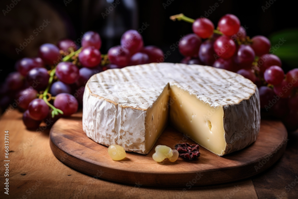 Delicious French cheese with grapes on the wooden board close up