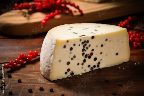 Delicious French cheese with peppercorns and herbs on the wooden board close up