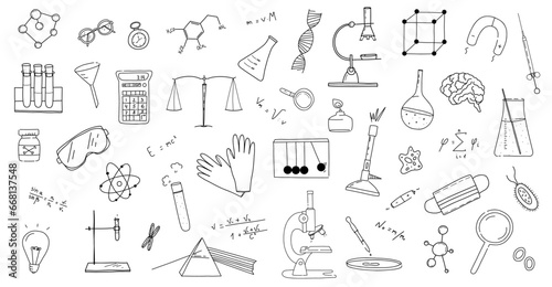 Large set of laboratory instruments. Flasks, microscopes and more. Instruments for chemical and physical experiments
