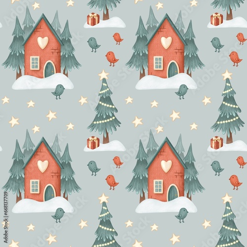 Christmas and Happy New Year seamless pattern, house and trees for textile, wrapping 