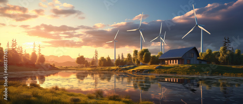 Haus der Zukunft am See mit Windkraft und Solar Energie , . Windkraftanlagen und Sonnenkollektoren bei Sonnenuntergang. Konzept für erneuerbare Energien