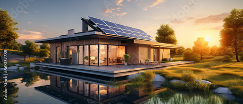 Haus der Zukunft  am See mit Solar Energie, Sonnenkollektoren bei Sonnenuntergang. Konzept für erneuerbare Energien 
 photo