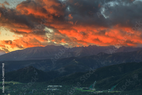Landscape of the Tatra Mountains at sunrise from the top of Gubalowka peak in Zakopane. Poland.