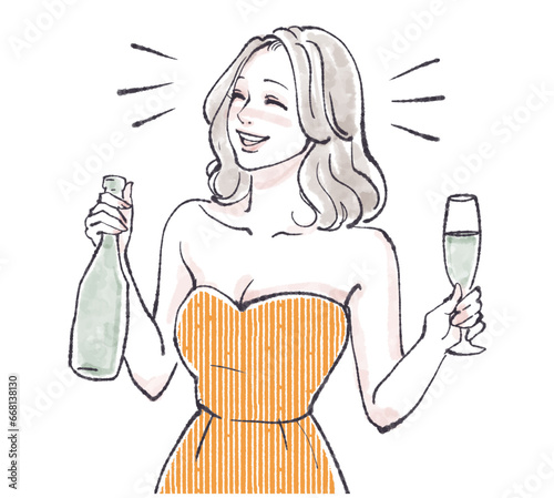 酔っ払い/飲酒/酔っ払った女性/ほろ酔い/アル中/パリピ/酒飲み/大酒飲み/酒乱/酒豪/ハイテンション/キャバクラ/シャンパン/ワイン/お酒/パーティ/打ち上げ/お祝い/酔う/アルコール中毒/飲み会/クリスマス/誕生日会/同窓会/女性のイラスト素材（ベクター / jpg / png )
