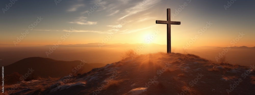 Cross of Jesus Christ on sunrise Easter background