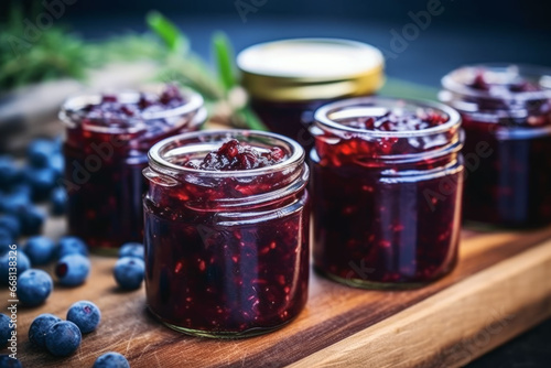 Close up of blueberry jam in jar in background of green nature. Meal concept of food and cooking. photo