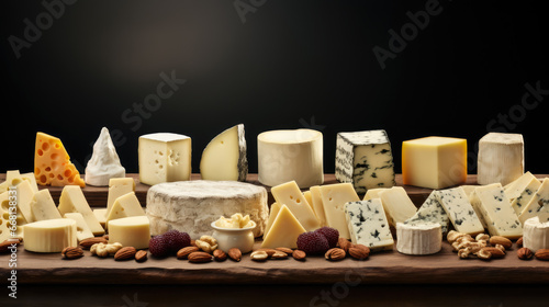 Tray of French cheese isolated on black background