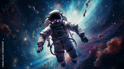 Astronaut floating in outer space. Galaxy, zero gravity, cosmic, interstellar, NASA, AI Generated