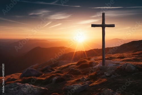 Cross of Jesus Christ on sunrise Easter background