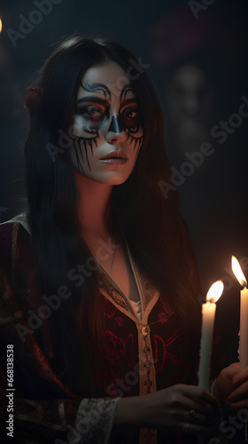 Halloween party. Portrait of young woman holding two burning candles.