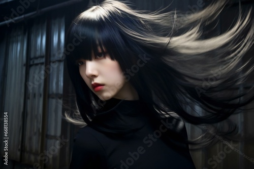 Fashion portrait of young beautiful woman with flying hair in the dark