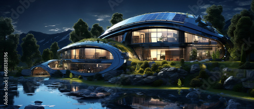 Haus der Zukunft am See mit Solar Energie, Sonnenkollektoren bei Sonnenuntergang. Konzept für erneuerbare Energien 
