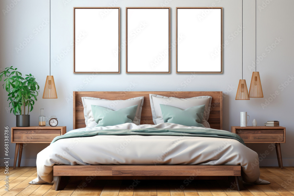 Fototapeta premium Interior of the minimalist bedroom with a wooden bed and mock-ups of posters or paintings on a grey wall in Scandinavian style