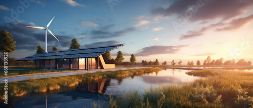 Haus der Zukunft am See mit Windkraft und Solar Energie , . Windkraftanlagen und Sonnenkollektoren bei Sonnenuntergang. Konzept für erneuerbare Energien photo