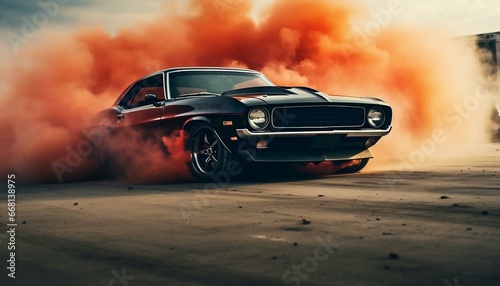 Drifting black classic american muscle car in orange dust photo