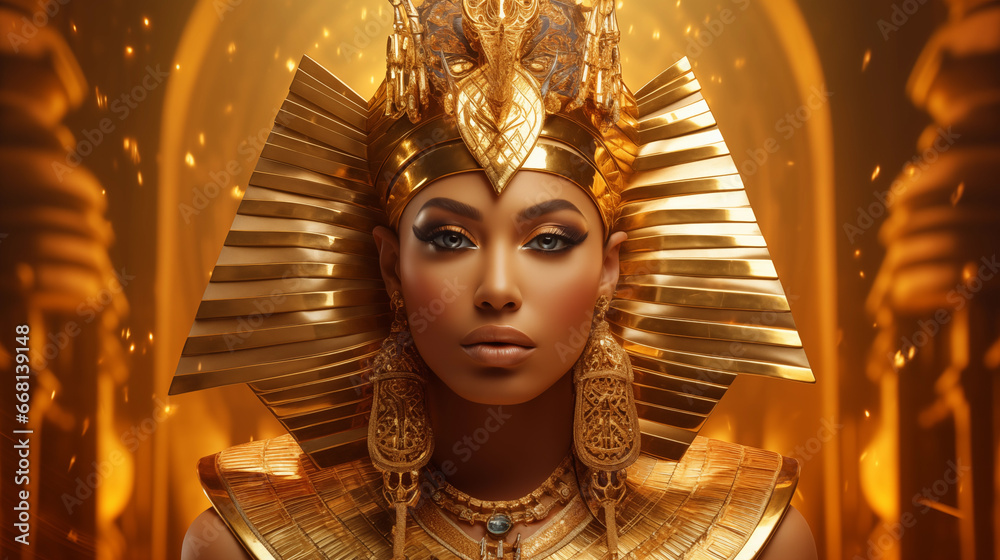 Gorgeous portrait of Egyptian Goddess. Female, golden, crown, Isis, leader, ancient, AI Generated  - obrazy, fototapety, plakaty 