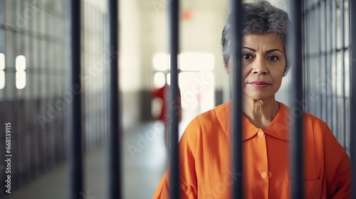 A middle-aged Mexican female prisoner in an orange uniform behind prison metal bars lookin at the camera. The criminal serves his sentence in a prison cell. photo