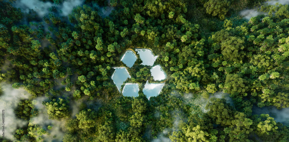 Recycling Symbol Amidst Nature: A Clarion Call for Climate Conservation and Waste Prudence. 3d rendering. - obrazy, fototapety, plakaty 
