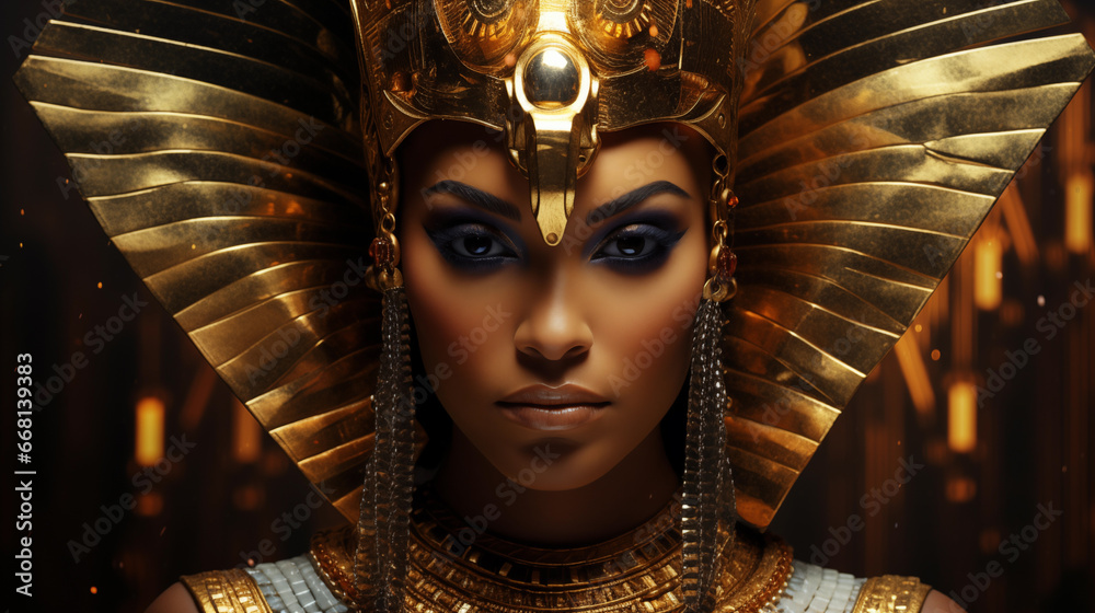 Gorgeous portrait of Egyptian Goddess. Female, golden, crown, Isis, leader, ancient, AI Generated 